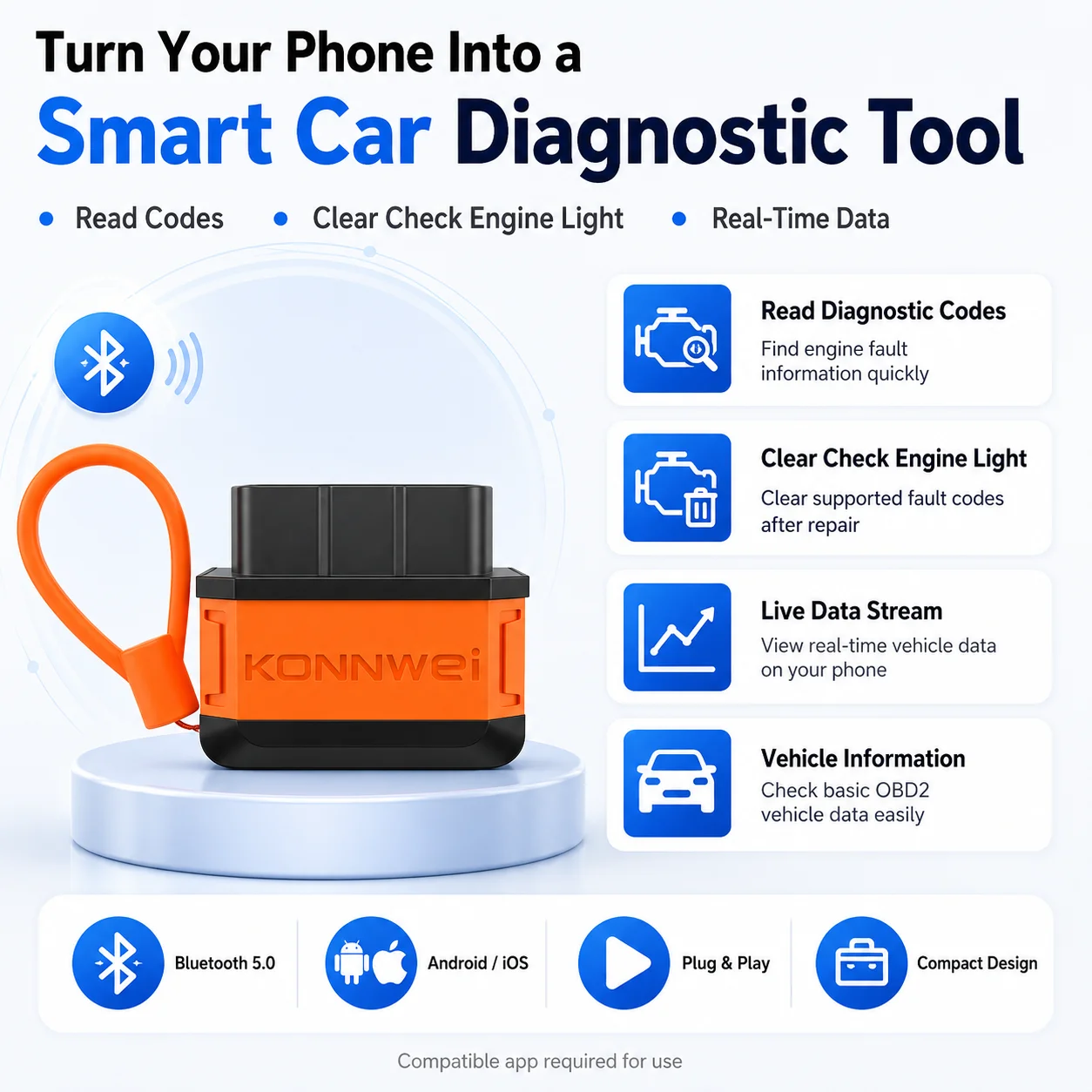 2026 KONNWEI KW906 ELM327 12V Bluetooth 5.0 for IOS Android V1 5 OBD2 Scanner Auto Car Diagnostic Tool Code Reader pk Vgate ICA2