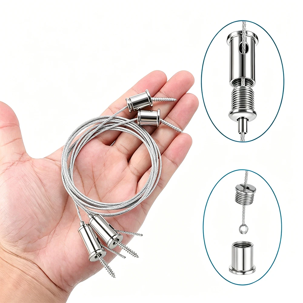 2/4Set 1.5mm 1M Adjustable Chandelier Wire Rope Kit, Stainless/Brass T-Head Hanging Cable for Light Panels