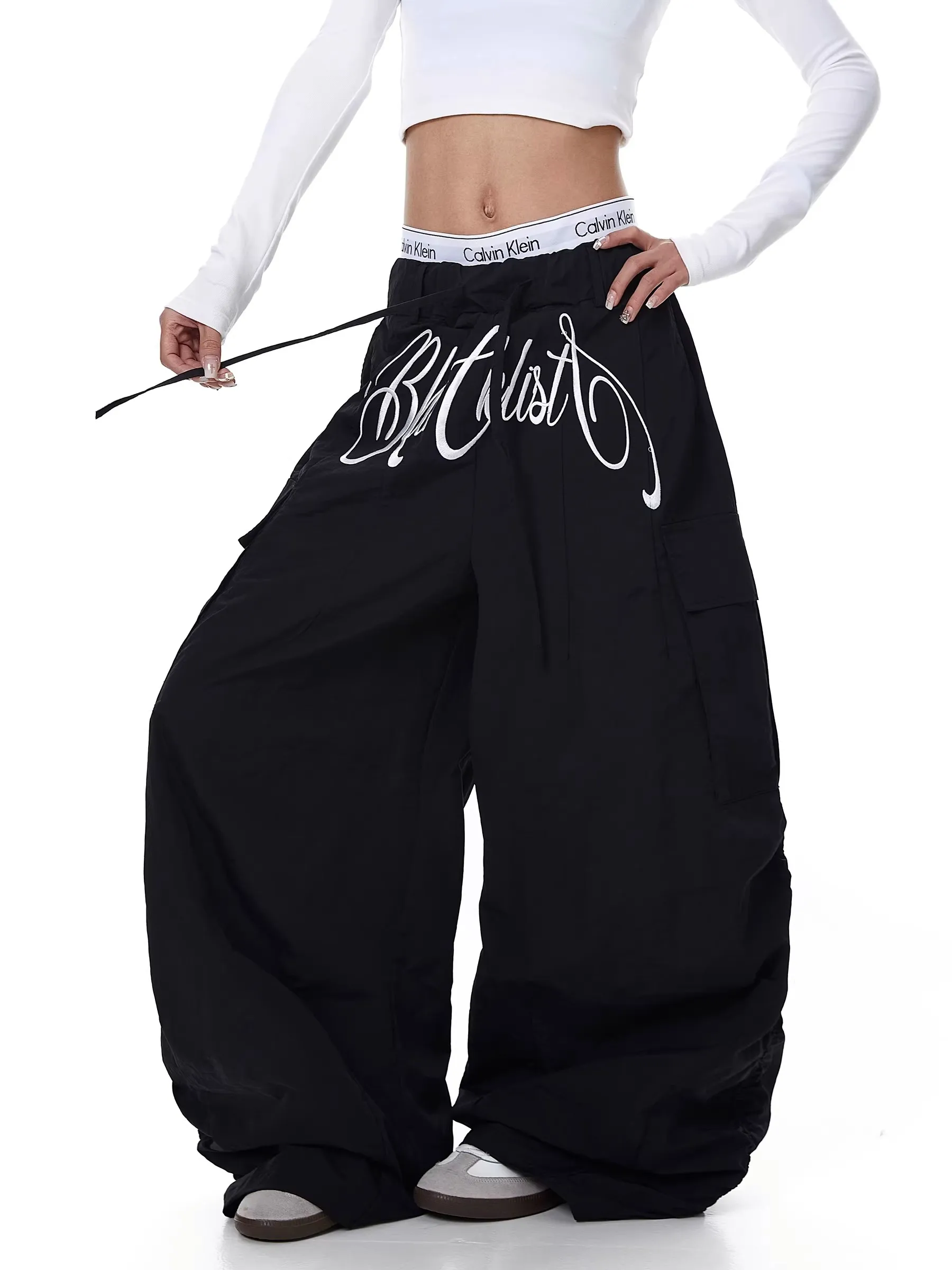 American Letter Embroidery Multi-Pocket Work Pants Women Summer New Jazz Dance Loose Wide Leg Soldier Pants Trendy
