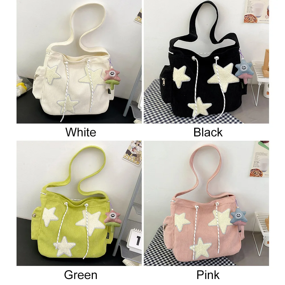 

Women Student School Bag with Pendant Cute Messenger Bag Large Capacity Corduroy Star Applique Leisure Travel Outdoor Bag