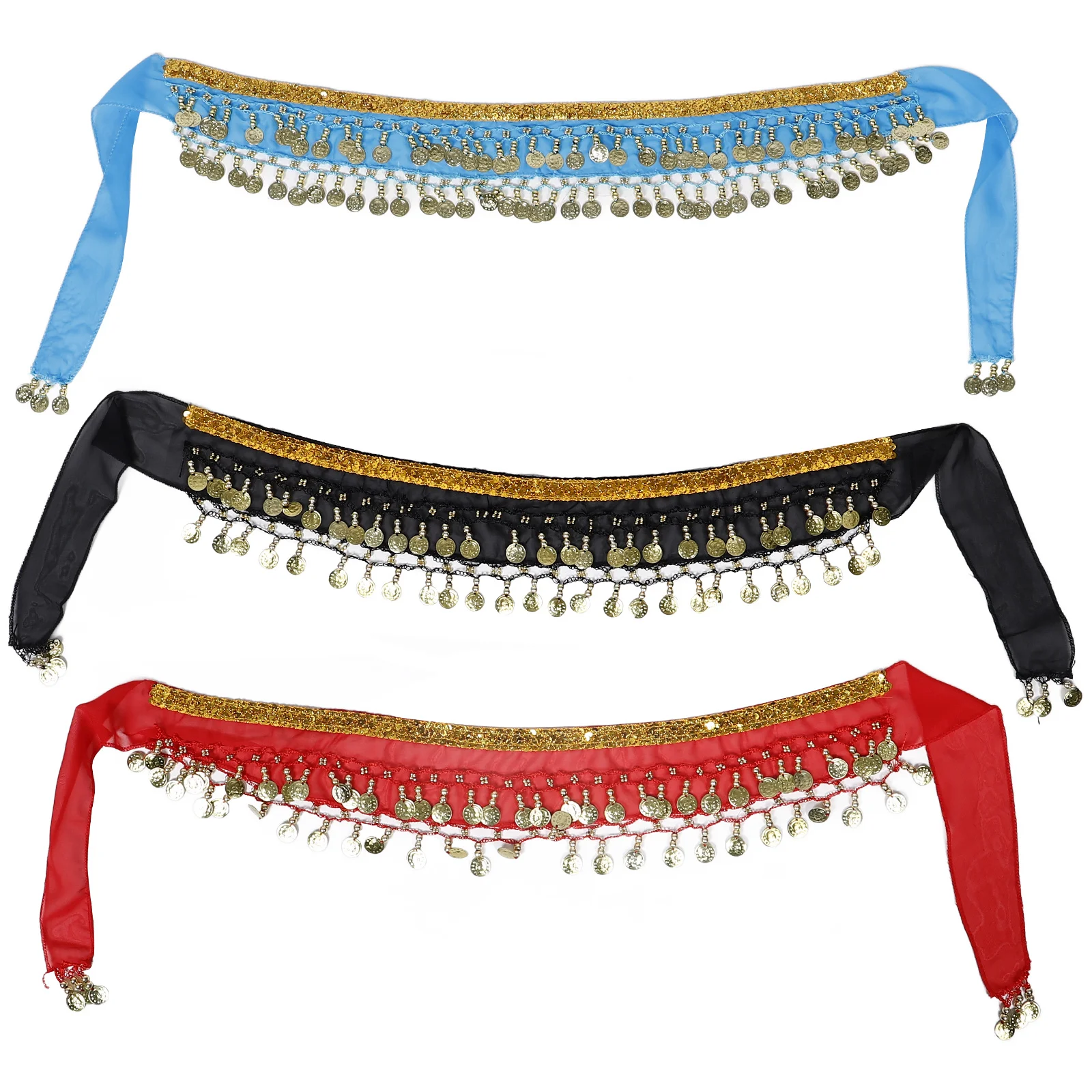 

3Pcs Belly Dance Waist Chain Dangling Coins Hip Scarf Sparkly Tassel Fringe Belt Skirt Performance Costume Dance Hip Scarf