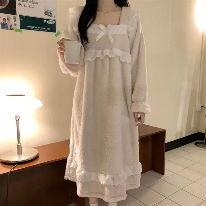 Lace Women Nightgown Korean Sleepwear Fleece Winter Night Dress Knee Length One Piece Pajama Square Collar Warm Ruffle Home Wear