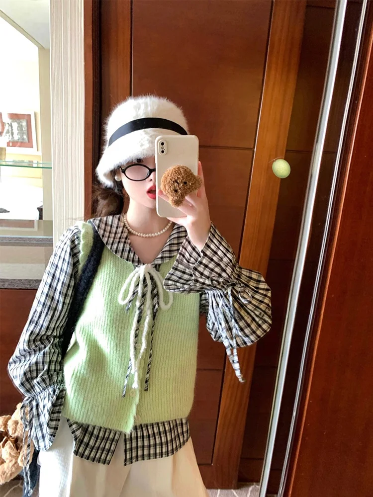 

Женская хлопковая рубашка Fufufun Artistic Intern Original в японском стиле с отстегивающимся воротником, в клетку, свободного кроя, с длинным рукавом, в стиле ретро, темно-синяя