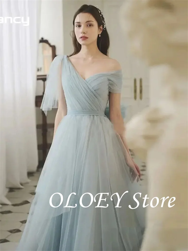 فساتين سهرة طويلة من OLOEY Fairy Dusty Blue تول لالتقاط الصور الكورية بطول الأرض فساتين حفلات الزفاف حسب الطلب