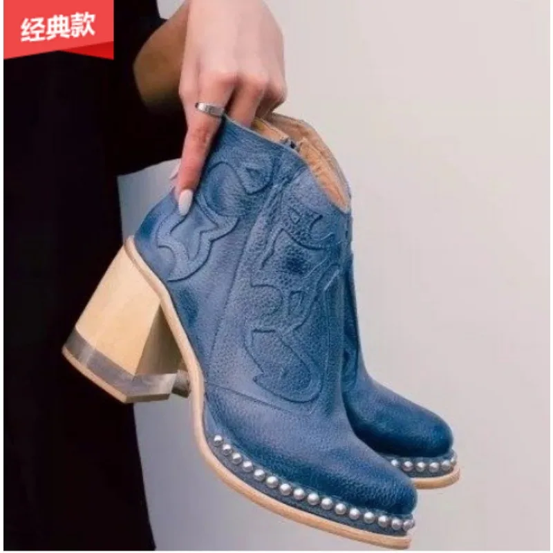 Female Ankle Boots 2023 Leather Women\'s Shoes Low Heel Cool British Embroidered Design Soft Short  Party Ladies Footwear