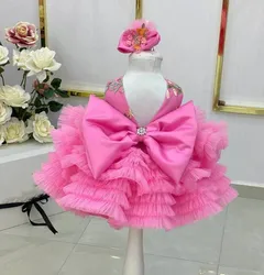 Puffy Pink Baby Girl Dress Tiered Infant First Birthday Dress V Neck Princess Party Prom Christmas Dress Big Bow