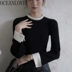 OCEANLOVE Hepburn Style Women Sweaters Contrast Color Autumn Winter Elegant Pull Femme Beading Fashion Vintage Short Pullovers