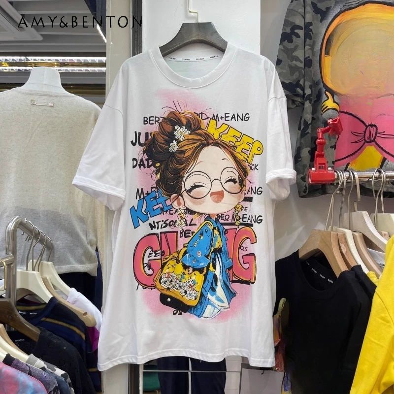 

Korean Style Loose And Thin Versatile Cartoon Glasses Girl Print Short-sleeved T-shirts Women's Top Fashion 2025 Summer New Tees