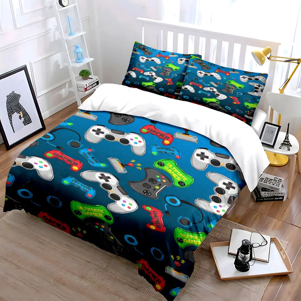 3Pc Multi Style Game Gear Seamless Duvet Cover Set,Light Blue Kids Gamer Bedding Includes 1 Duvet Cover And 2 Pillowcase,Gift