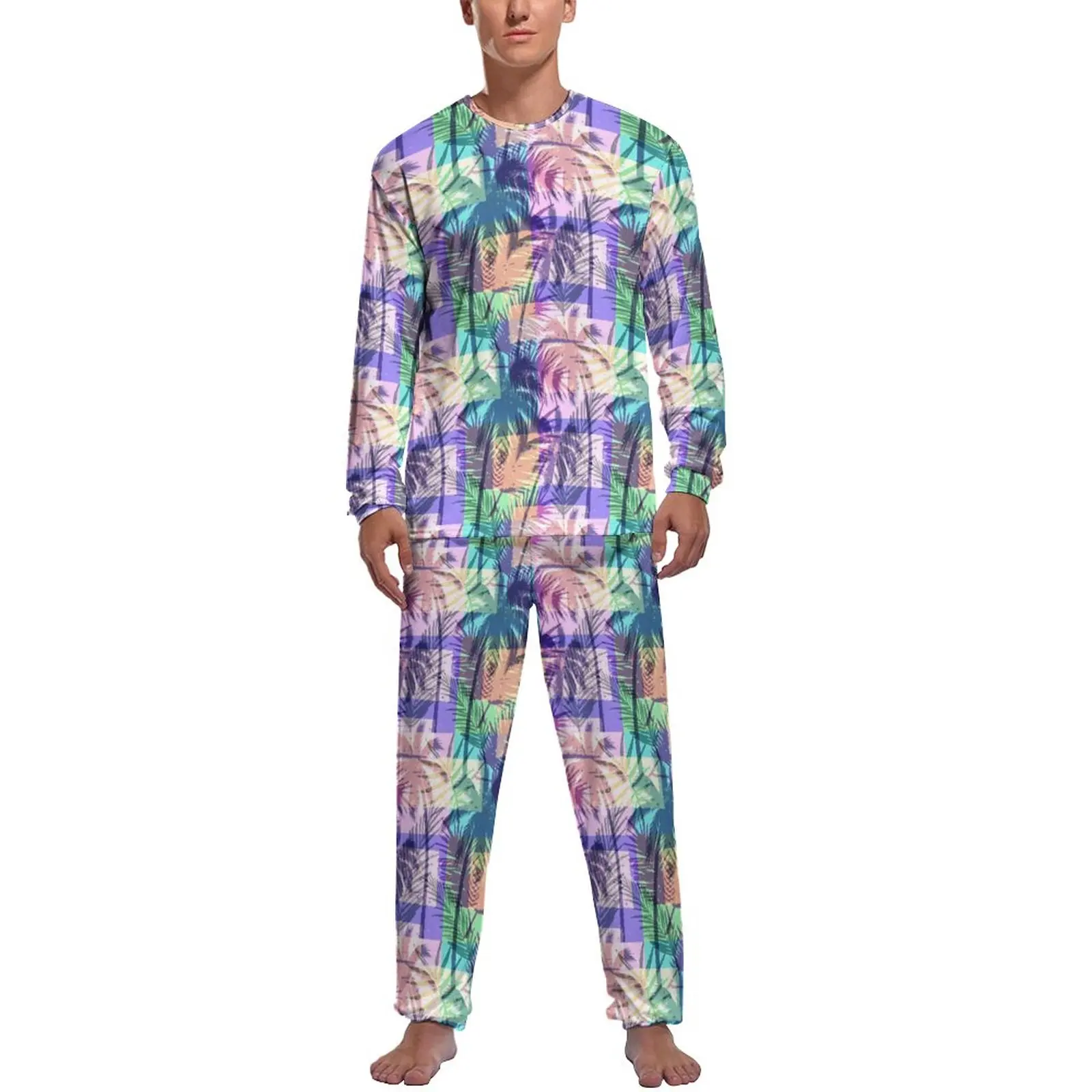 

Abstract Palm Trees Pajamas Daily Tropical Print Casual Home Suit Male 2 Pieces Printed Long Sleeves Cute Pajamas Set