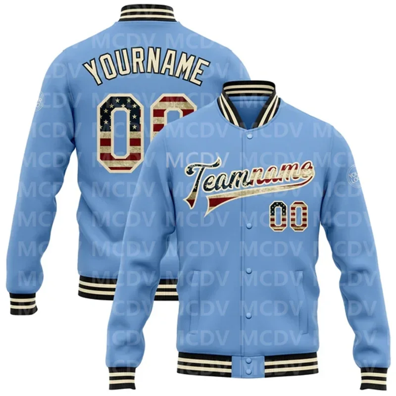 

Custom Light Blue Vintage USA Flag Or-Black Bomber Full-Snap Varsity Letterman Jacket Baseball Button Jacket