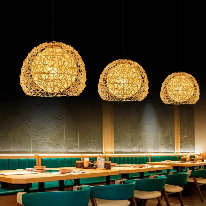 Japanese Retro Hand Knitting Rattan Weaving LED Pendant Lamp Personality Sesame Ball Restaurant Cafe Study Bedroom Hanging Light