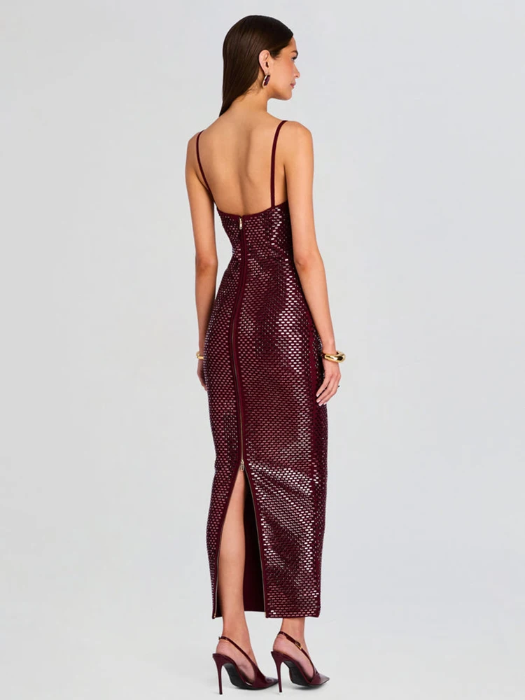 Sukienka maxi VC Women w kolorze burgundowym z cekinami – seksowna sukienka wieczorowa na ramiączkach spaghetti, dopasowana, czerwona sukienka bodycon na koktajl i imprezy, vestidos