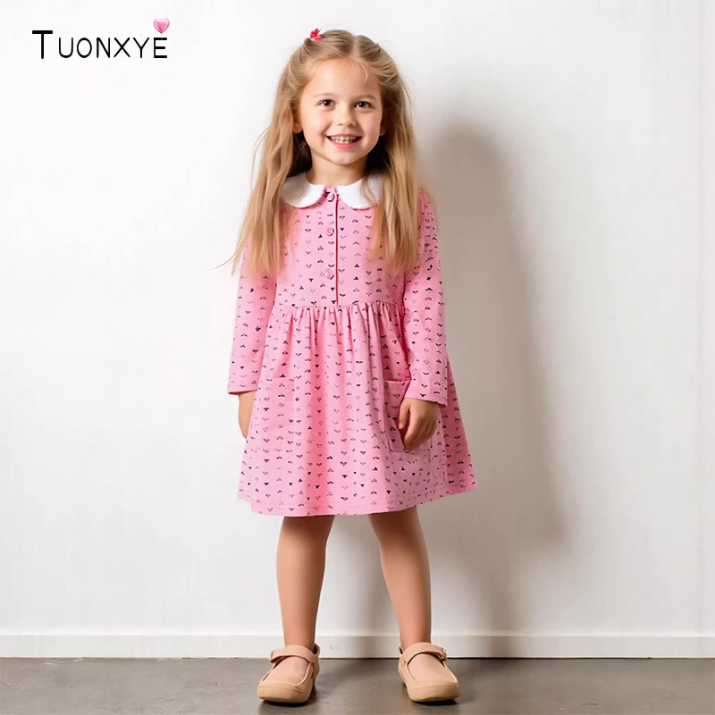 TUONXYE Baby Girls Peter Pan Collar Dress Spring 2026 New Girls Long Sleeve Dress Cartoon Crown Print Children Cotton Dresses