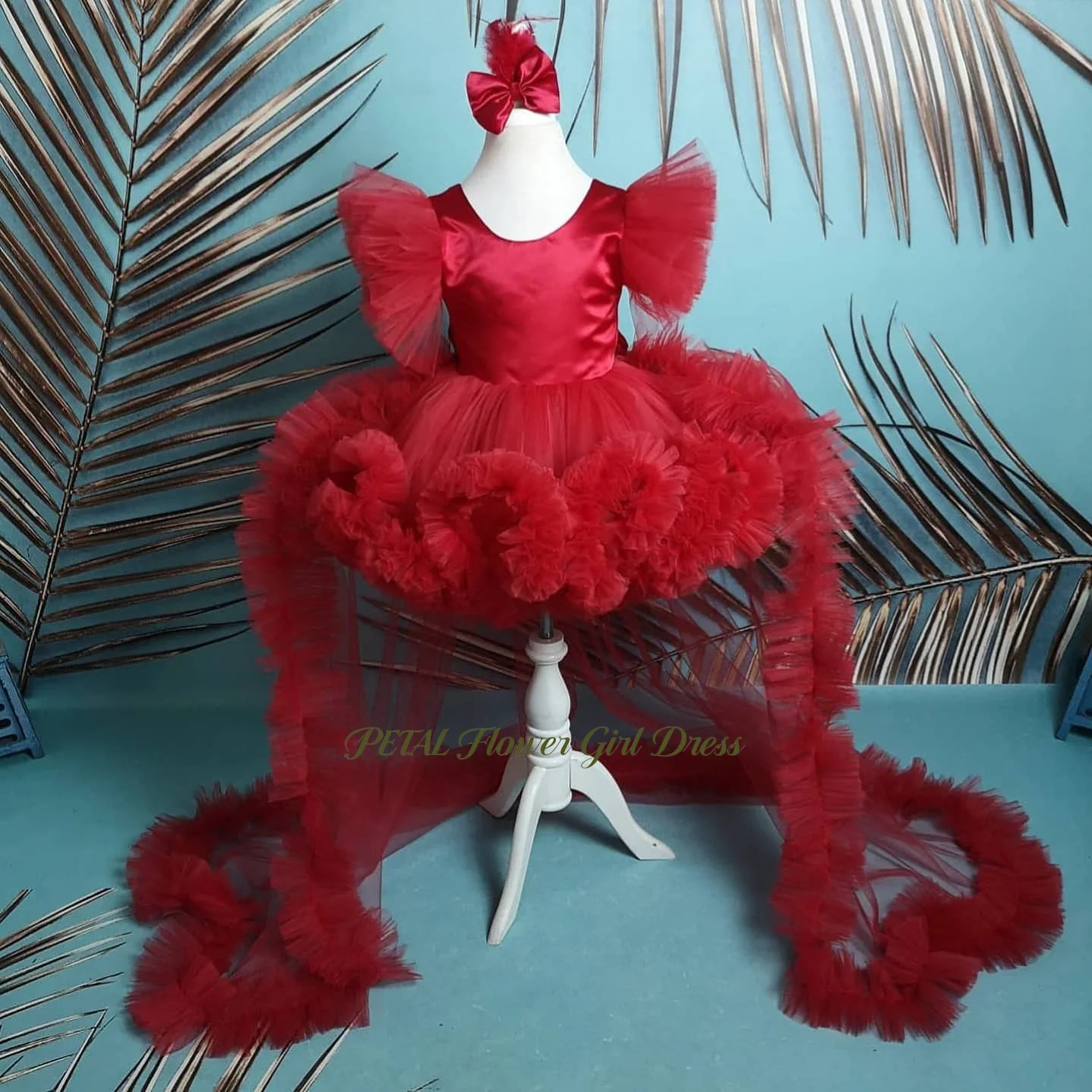 

Petal Red Girls Princess Dress with Ruffled Sleeve Flower Girl Dress with Detachable Train Kids Birthday Party Dress Customized