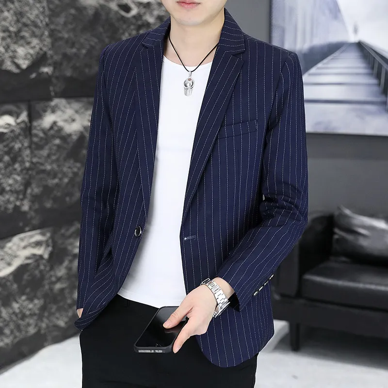 

Men's Faionable Slim Stripe Busin Casual Suit Jaet Breathable Polyester Fiber Classic Versatile Spring Autumn Outerwear