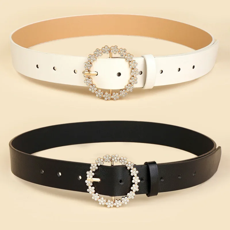 New Style Round Clasp Diamond-Studded Multi-Color Cute Girls' Leather Dress with Decorative Belt on the Waistband