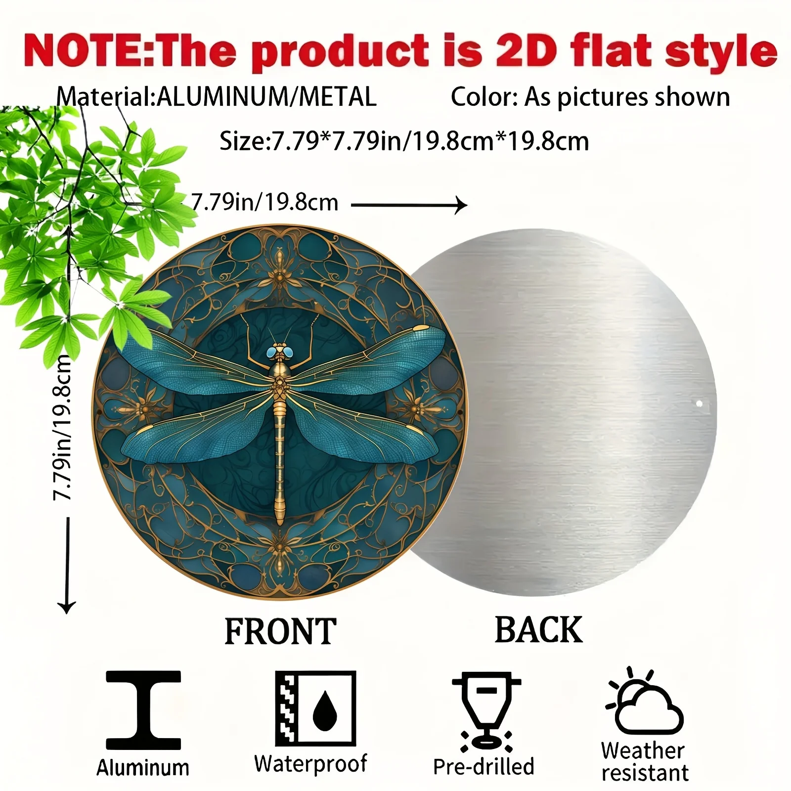 [Vintage Dragonfly Art] Vintage 8x8 Inch Round Aluminum Dragonfly Wall Art Sign, 1pc | 2D Flat, Intricate Golden Patterns, Pre-D image 3