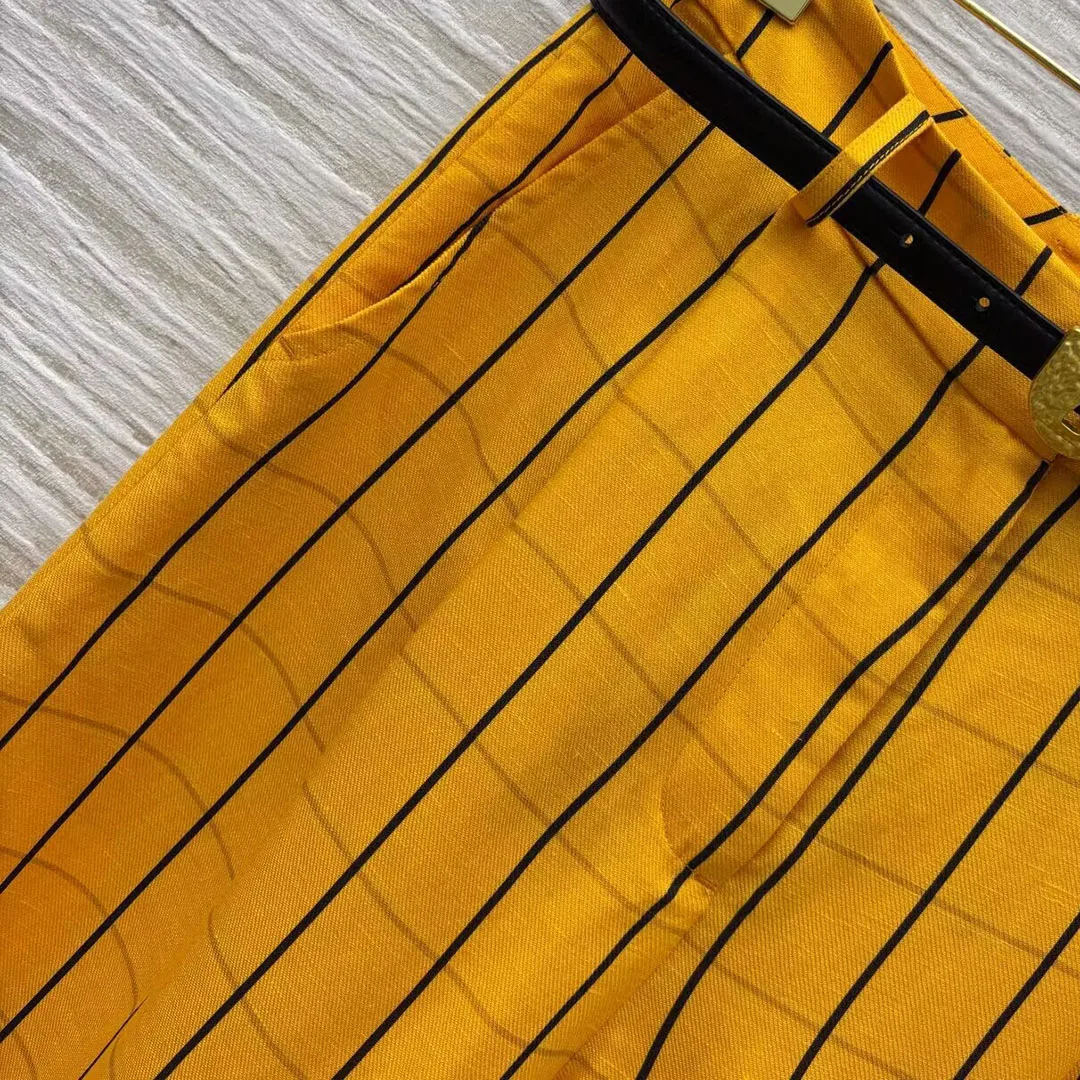 Old Money Style 55% Linen Wide Leg Pants Women High Waist Gold Key Leather Belt Plaid Pattern Casual Loose Vintage Trousers