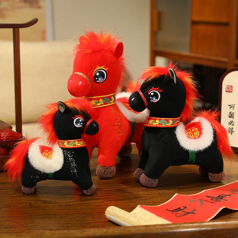 2026 Capodanno mascotte cavallo giocattoli di peluche rosso nero classico fortunato pony bambola Chinatown boutique pony decor festival regalo regalo per bambini