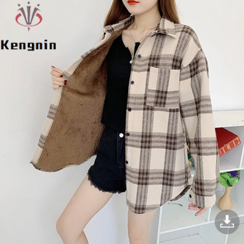 Velvet Thick Warm Women\'s Winter Plaid Shirt Female Long Sleeve Tops S-XL Fleece Casual Check Blouse Autumn Women Clothes KN551