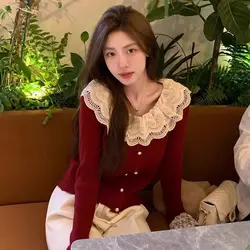 Korean Sweet Lace Edge Bottom Threaded Shirt for Women's New Look Slim and Loose Long Sleeve Top Clothes