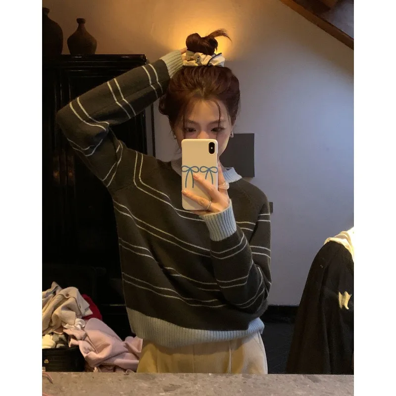 Lazy Style Striped Pullover Sweaters Women Loose Outer Wear Soft Stylish Color Matching Knitted Bottoming Shirt For Autumn