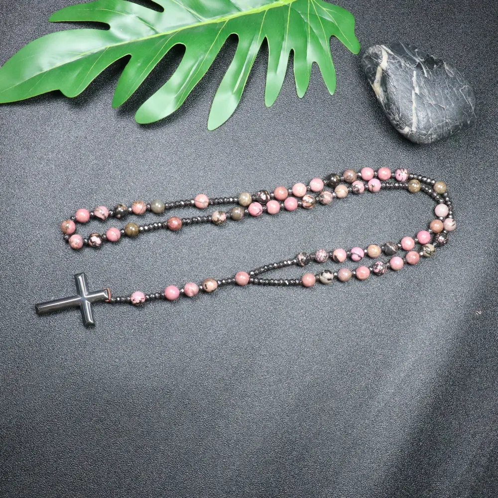 1PC Rose Red Natural Stone Cross Bead Necklace with Iron Gallstone Beads Handmade Beads 8mm Men\'s Ethnic Style Necklace