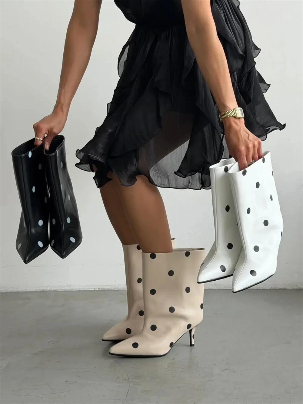 Women's Polka Dot Pointed Toe Mid Calf Boots Slim Heel Slip On Ankle Booties Trendy Casual Shoes for Women, Multi Color Choose