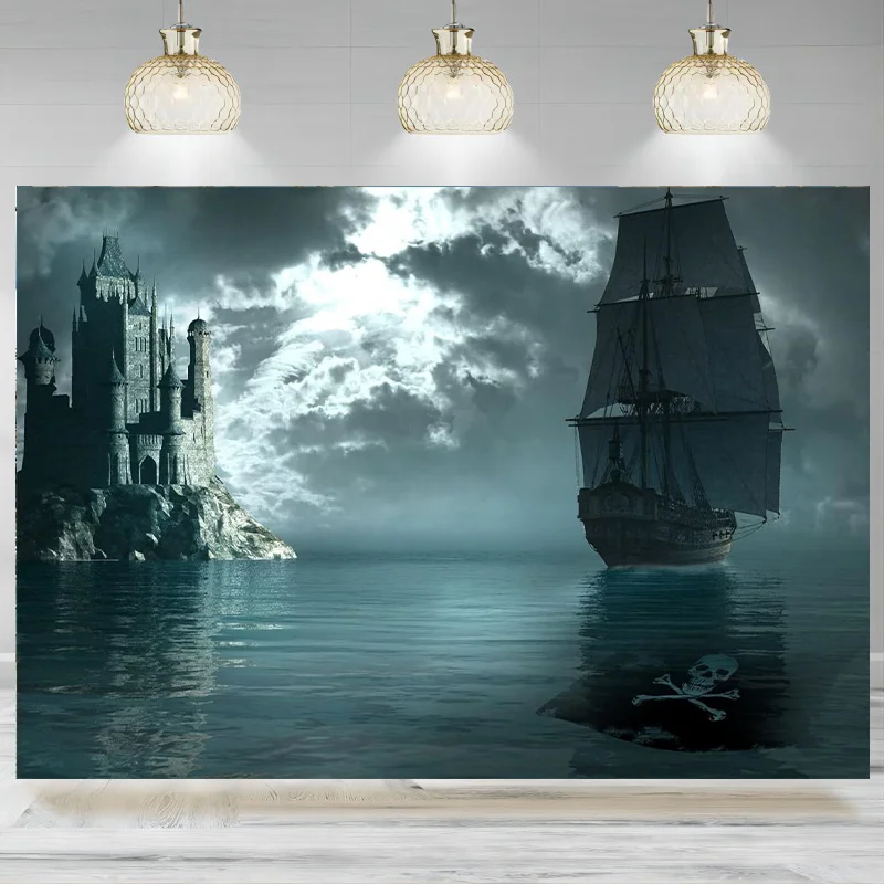 Ocean Pirate Ship Backdrop Gothic Castle Corsair Boat Gloomy Night Halloween Photography Background Decorations Birthday Bann