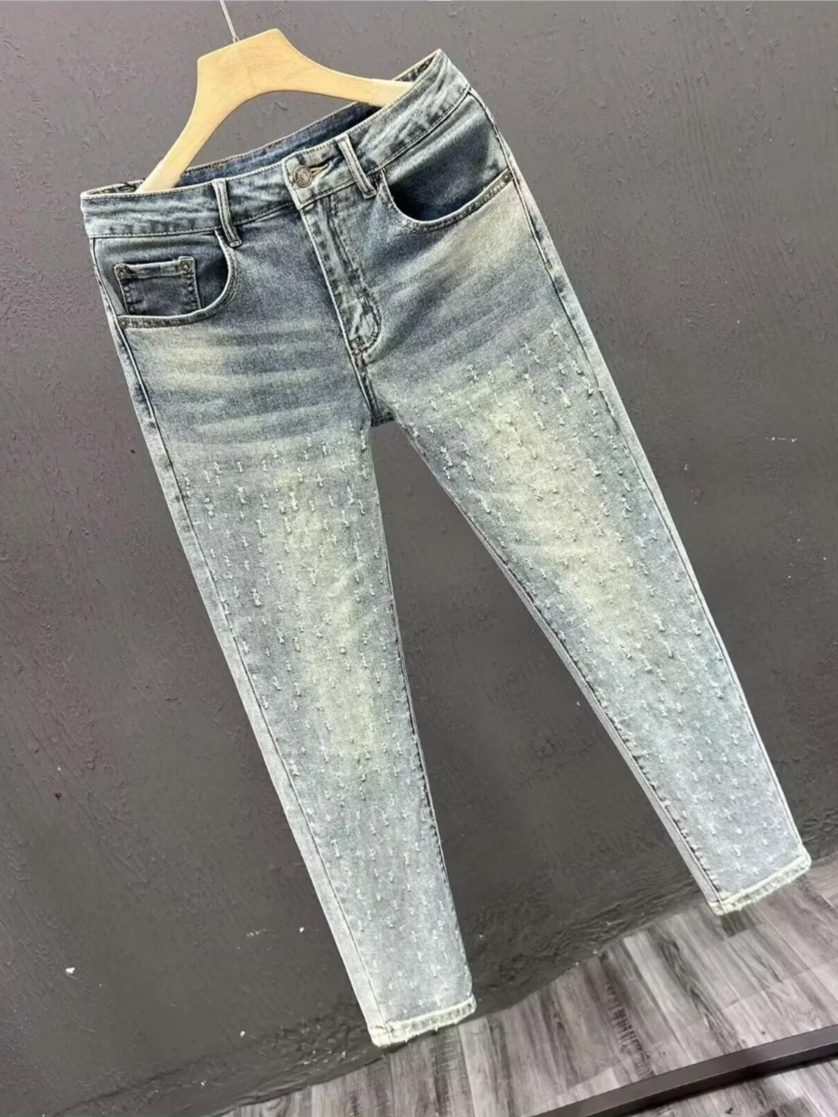 Calça jeans masculina retrô azul da, elástica, slim fit, nove décimos, tendência de verão, casual, calças cridas, jean...