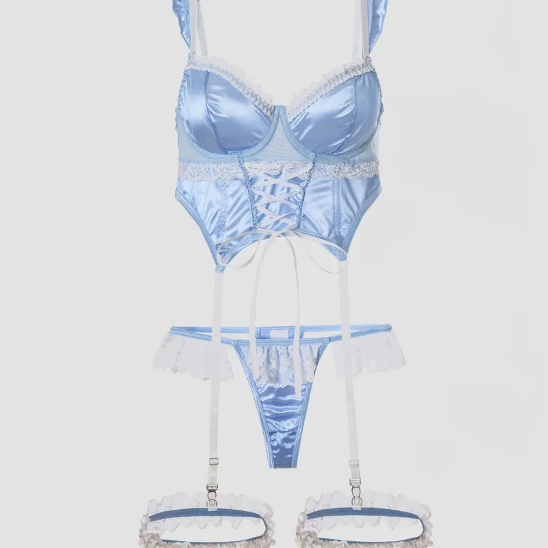 Women's Lingerie Set Sweetheart Satin Jacquard Lace Patchwork Tie-Up Ruffle Trim Underwire Lingerie Set For Women