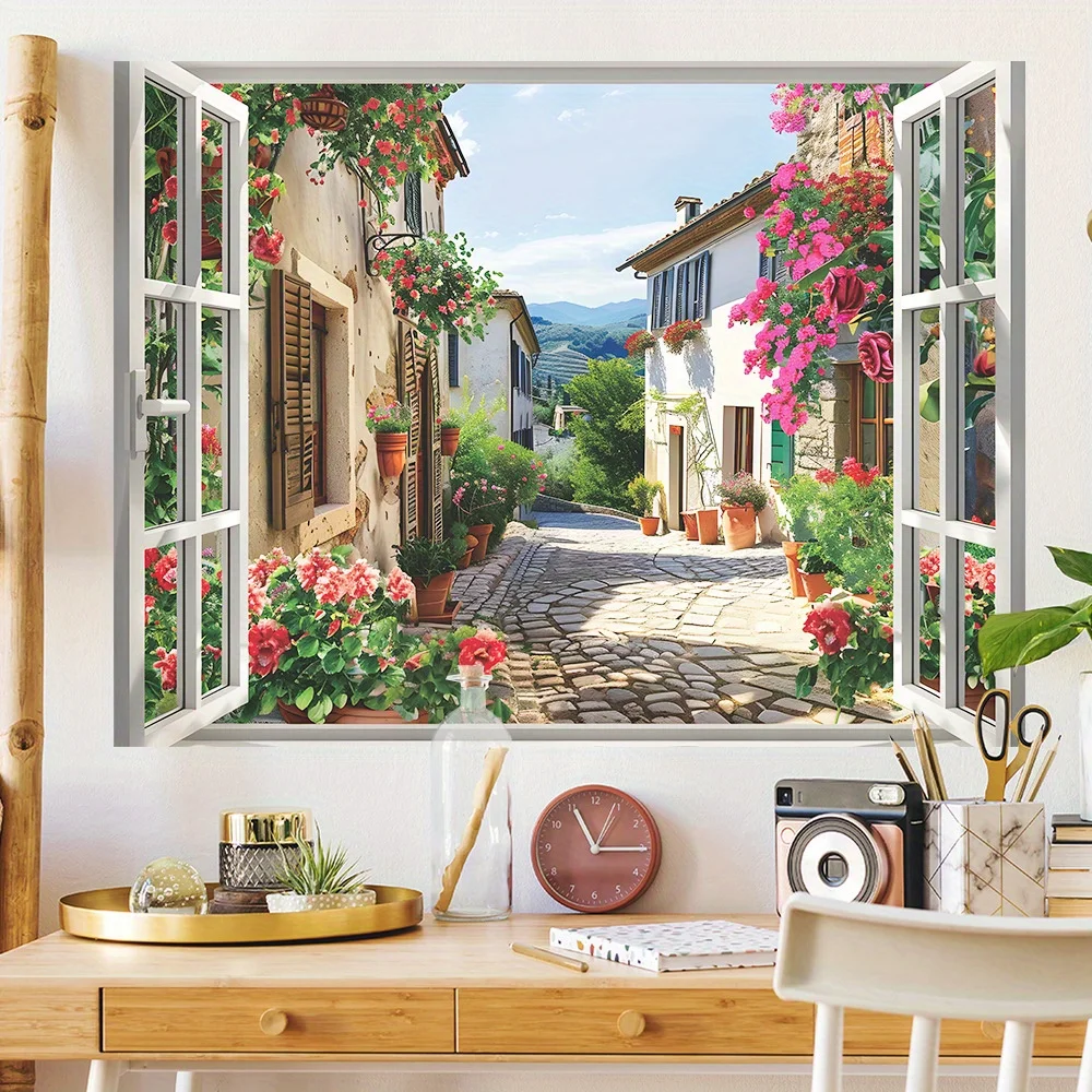 

Floral Village Faux Window View Wall Stickers Living Room Sofa Background Decoration For Home Decor Kids room Art Decals M1186