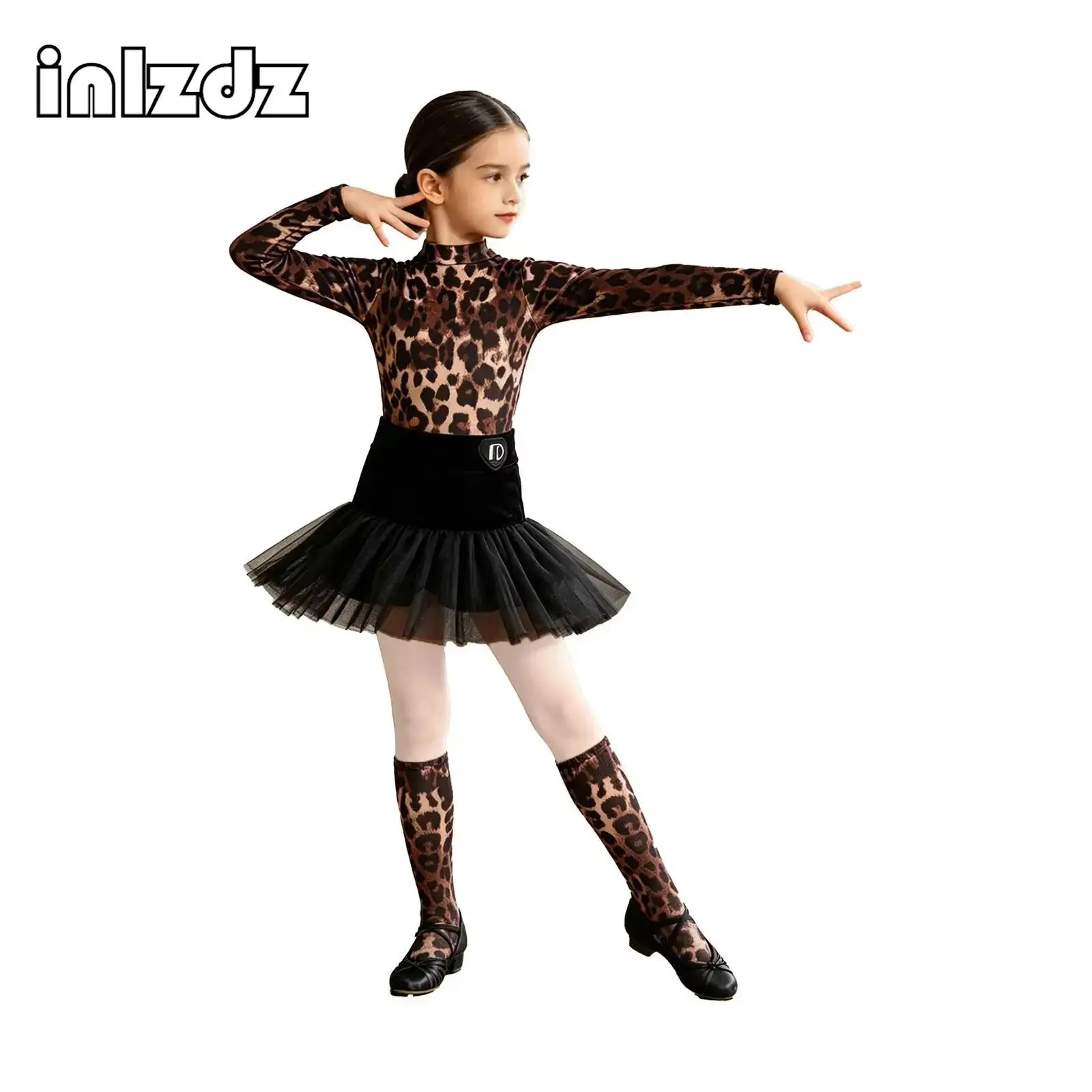 Kids Latin Dance 3pcs/Sets Practice Dresses Leopard Ballroom Performance Crop Top+Skirt+Headband Girls Competition Examination