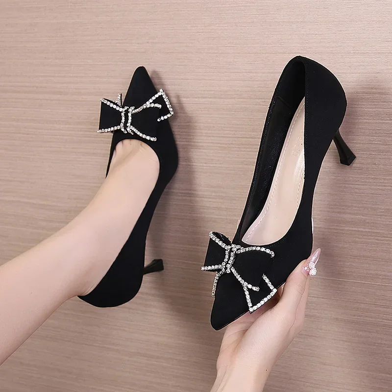 Versatile New Single Shoes Autumn and Winter  Sexy Pointy Rhinestone Black Mature Women\'s Thin Heels High-heel Zapatos Mujer