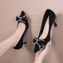 Versatile New Single Shoes Autumn and Winter  Sexy Pointy Rhinestone Black Mature Women's Thin Heels High-heel Zapatos Mujer