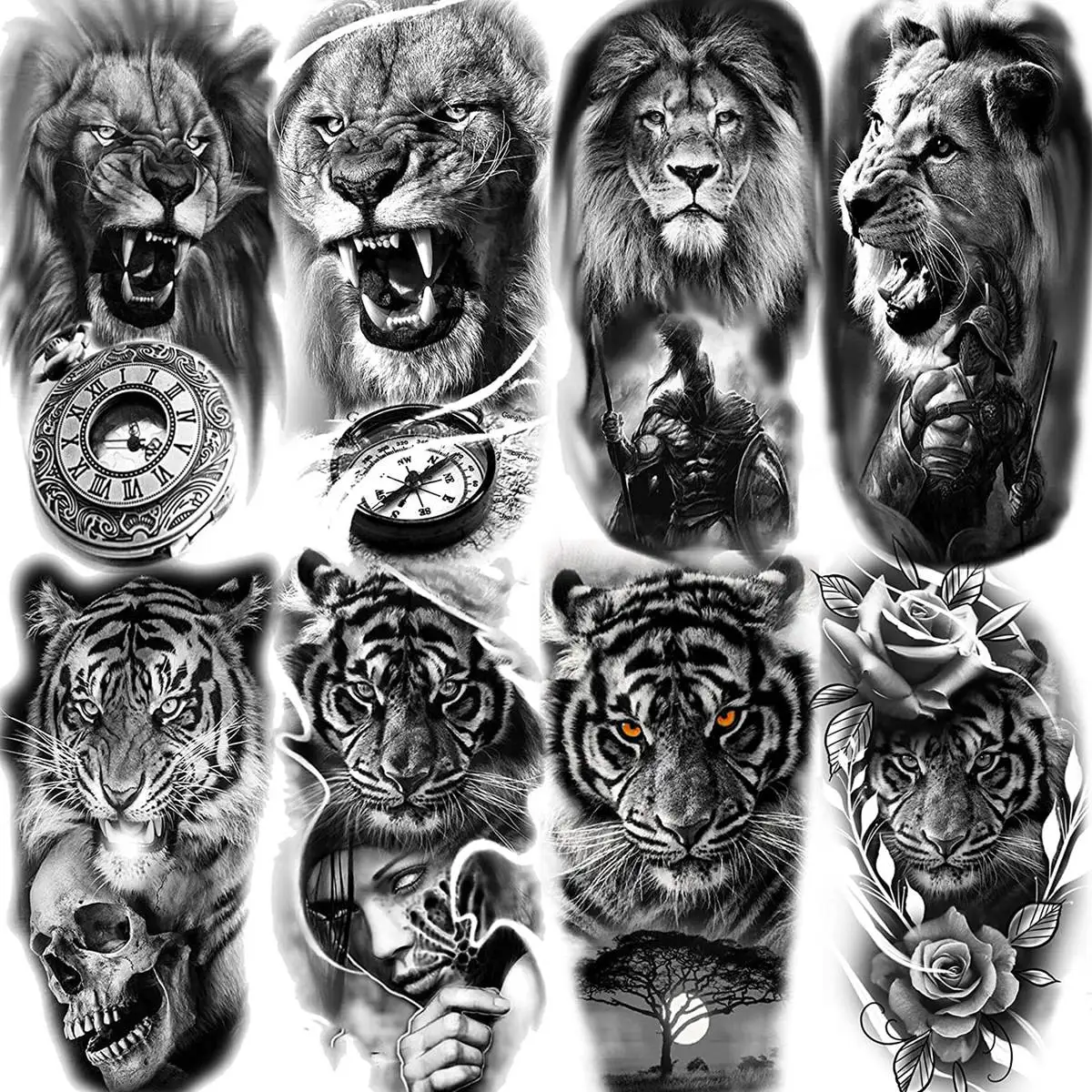 8 Sheets Black Lion Tiger Temporary Tattoos For Men Adults Realistic Animals Waterproof Tattoo Sticker  Warrior Gladiator Tatoos