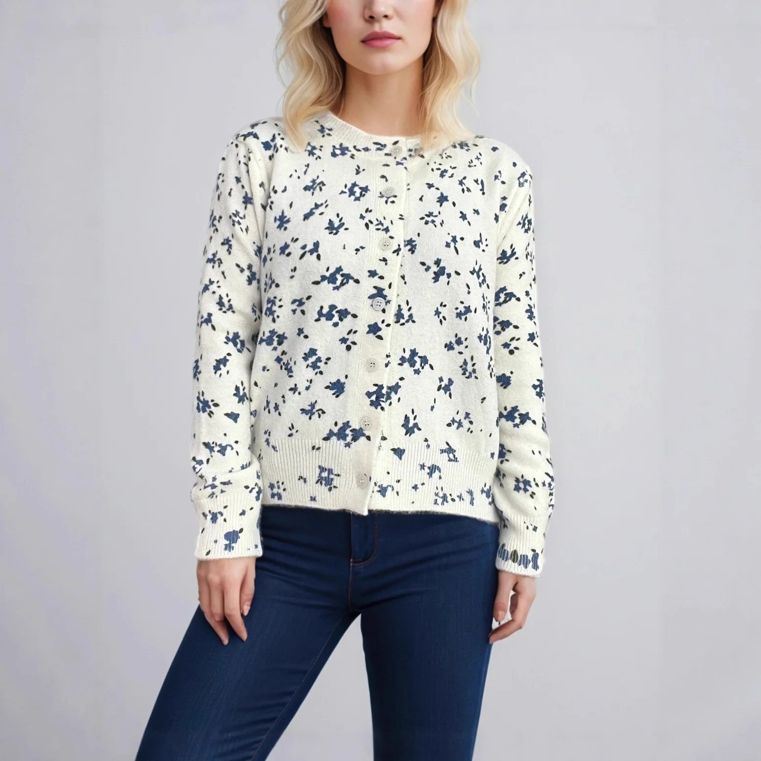 

2025 Новый вязаный кардиган с принтом и круглым вырезом, милый модный женский свитер в стиле ретро с длинными рукавами