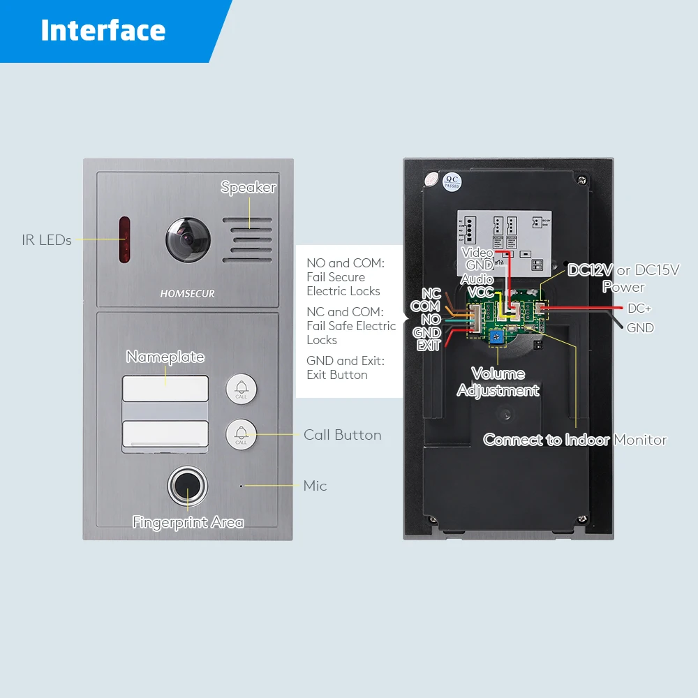 IP65 Doorbell Camera B19BF-H Flush Mount Fingerprint RFID Access for 4 Wire HOMSECUR FHD 1080P WIFI Tuya 2 Flats Video Doorphone