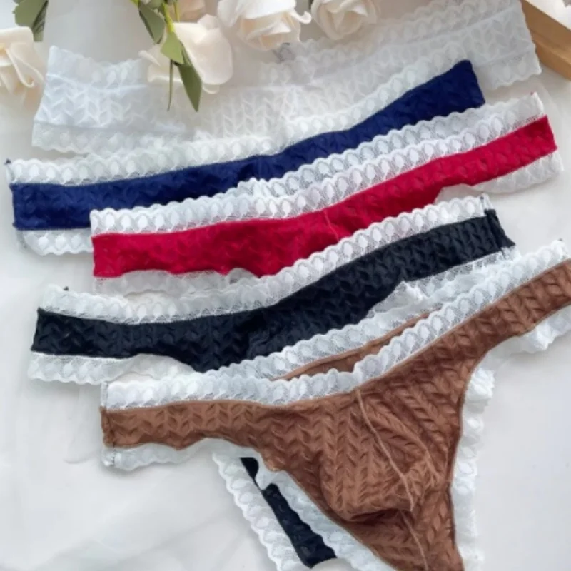 Japan-style Sexy Men's Underwear Sissy Low Rise Lace Briefs Hollow Out Transparent G String Underpant Crossdressing Thong