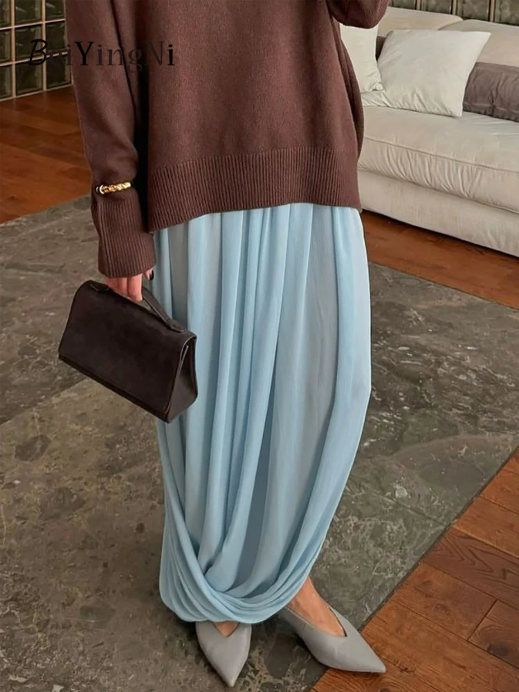 

Beiyingni 2021, весенне-осенние женские шифоновые юбки, струящийся дизайн, модная элегантная длинная плиссированная юбка, женская простая однотонная юбка Faldas