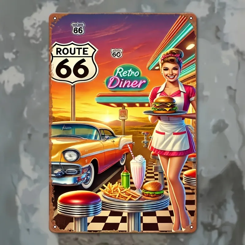 Retro Route 66 Restaurante Arte de pared de metal, decoración de restaurante retro, con camareras femeninas y coches vintage, 8x12 pulgadas