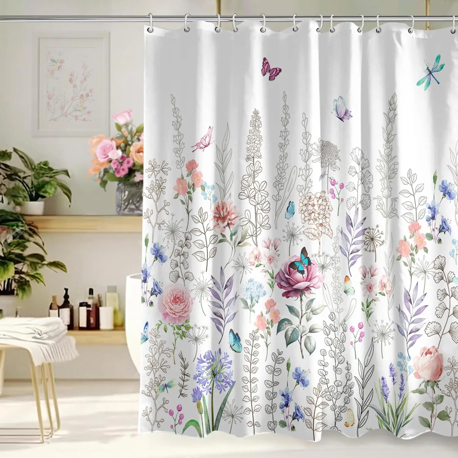 Butterfly Flower Garden Shower Curtain Colorful Botanical Insect Print for Bathroom