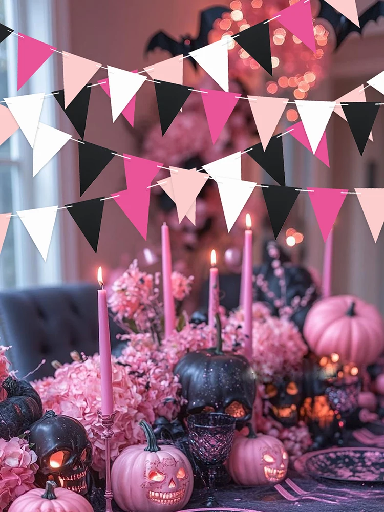 Rosenrote, weiße, rosa, schwarze dreieckige Flagge, Halloween-Themenparty, Hintergrunddekoration für Geburtstagsfeiern