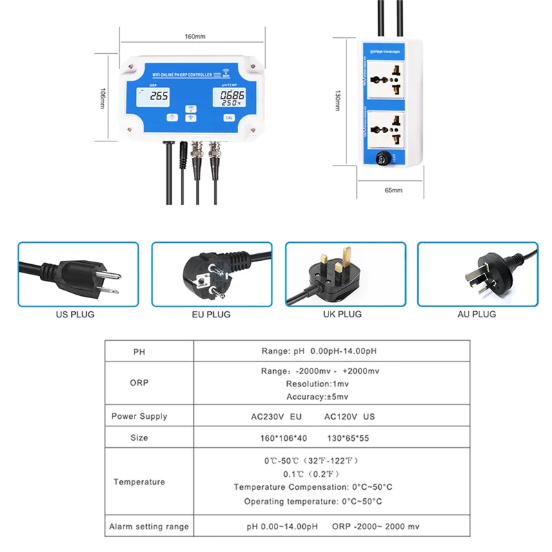 W2839 3-In-1 Wifi Water Quality Detector PH/ORP/TEMP Electrode BNC Type Probe For Aquarium Hydroponics Monitor
