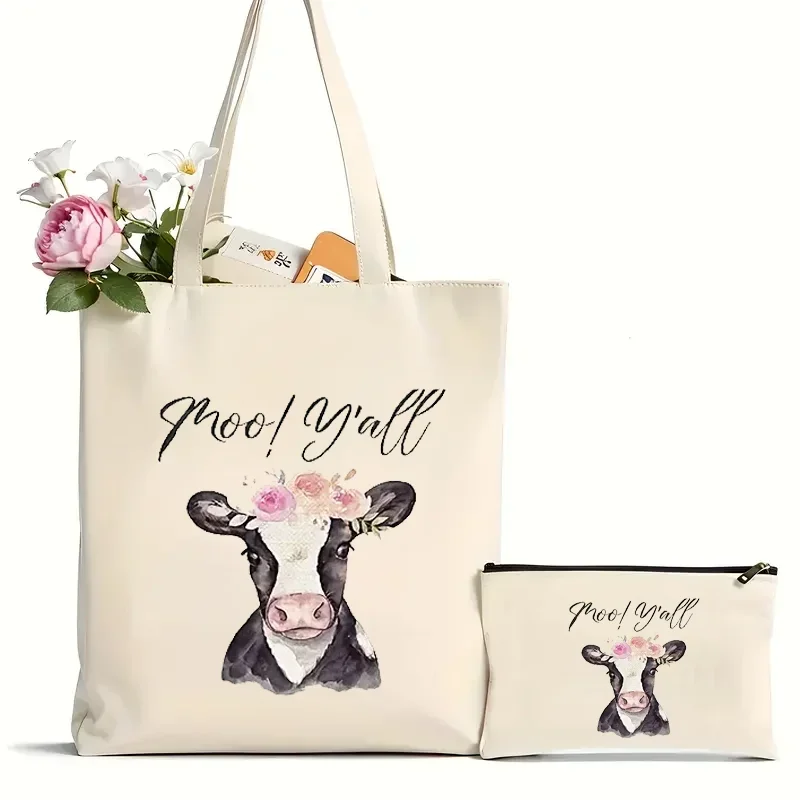 

2Pcs Western Highland Cow Pattern Tote Bag Tote Bag Book Bag Shopping Bag Shoulder Bag Canvas Bag