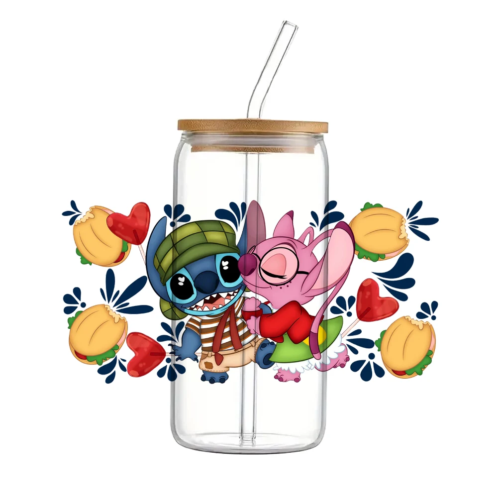 Stitch 16oz UV DTF Cup Wrap Libbey Glass Beer Can tumbler Transfer Stickers Waterproof Permanent Adhesive Spring Flower Cartoon