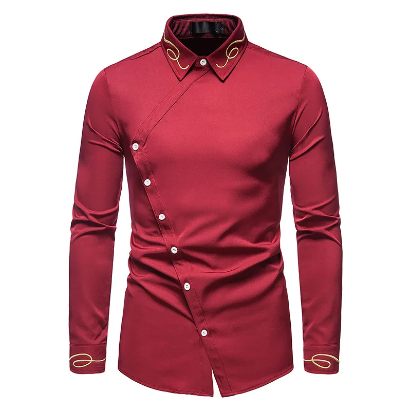 

Red Embroidery Western Cowboy Shirt Men Hipster Oblique Button Shirt Mens Long Sleeve Cotton Shirts Streetwear Casual Chemise