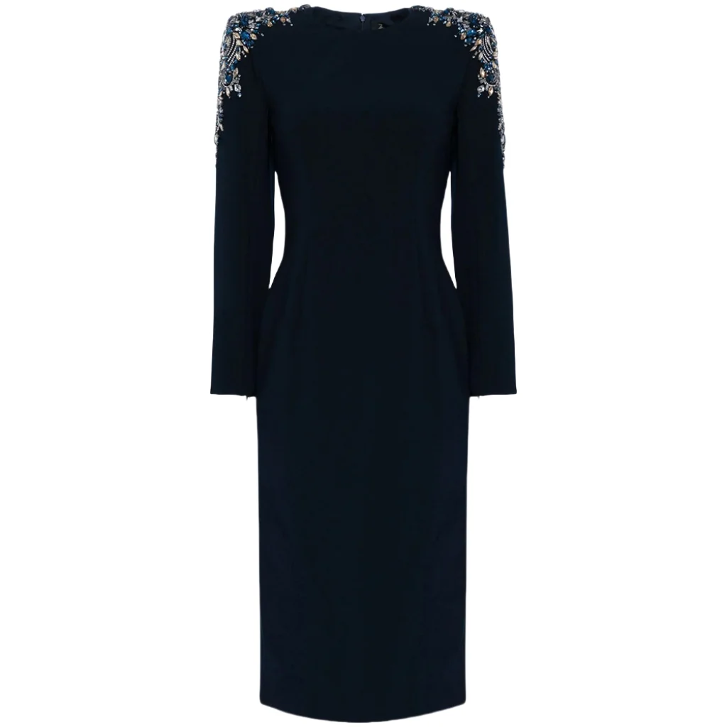 

HIGH QUALITY Luxury Designer Autumn Women's Blue Crystal-embellished Peak Shoulder Long SLeeve Black Elegant Midi Dress 2024