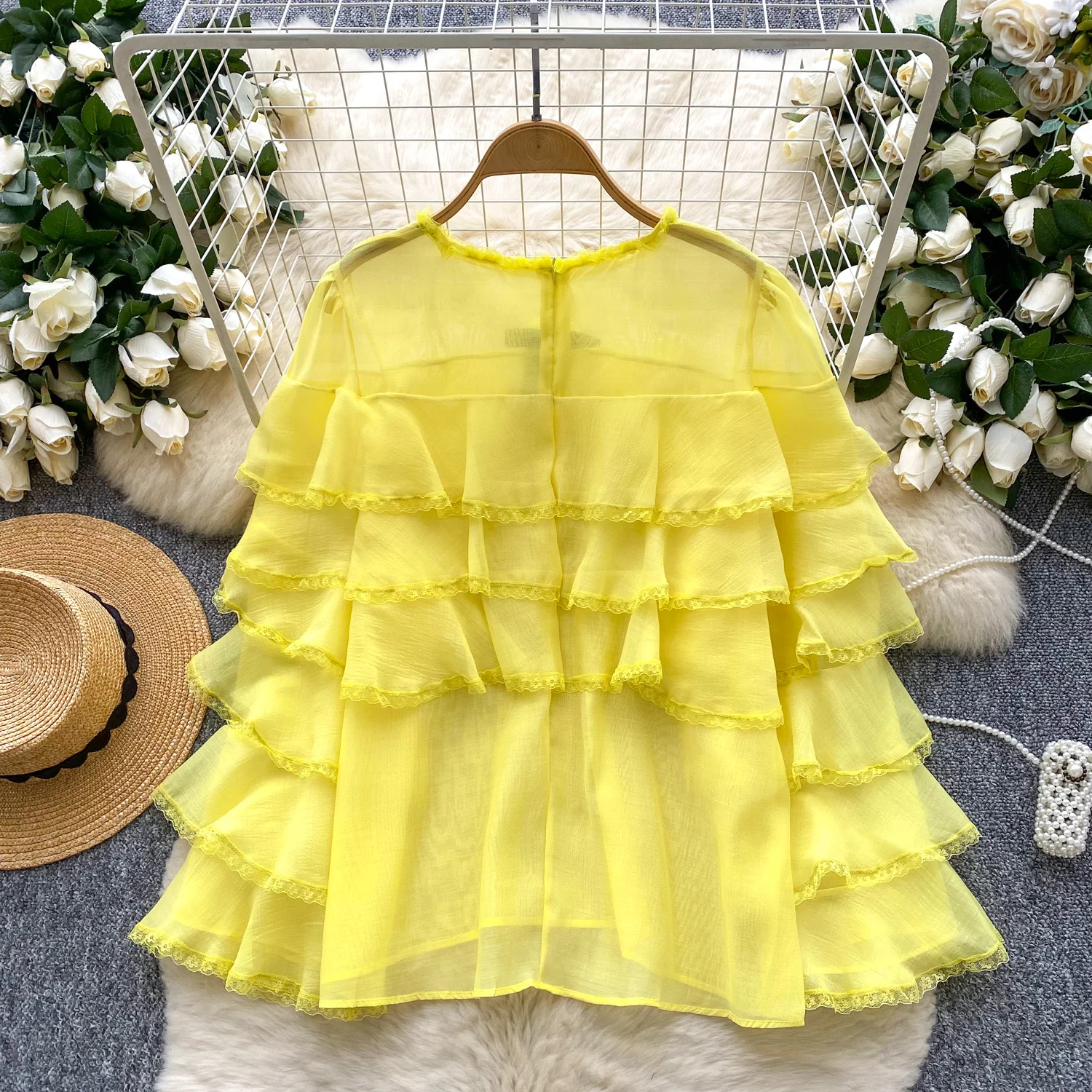 Camicetta vintage con volant O-Collo manica lunga Elegante moda donna hotsweet Camicia abbigliamento donna